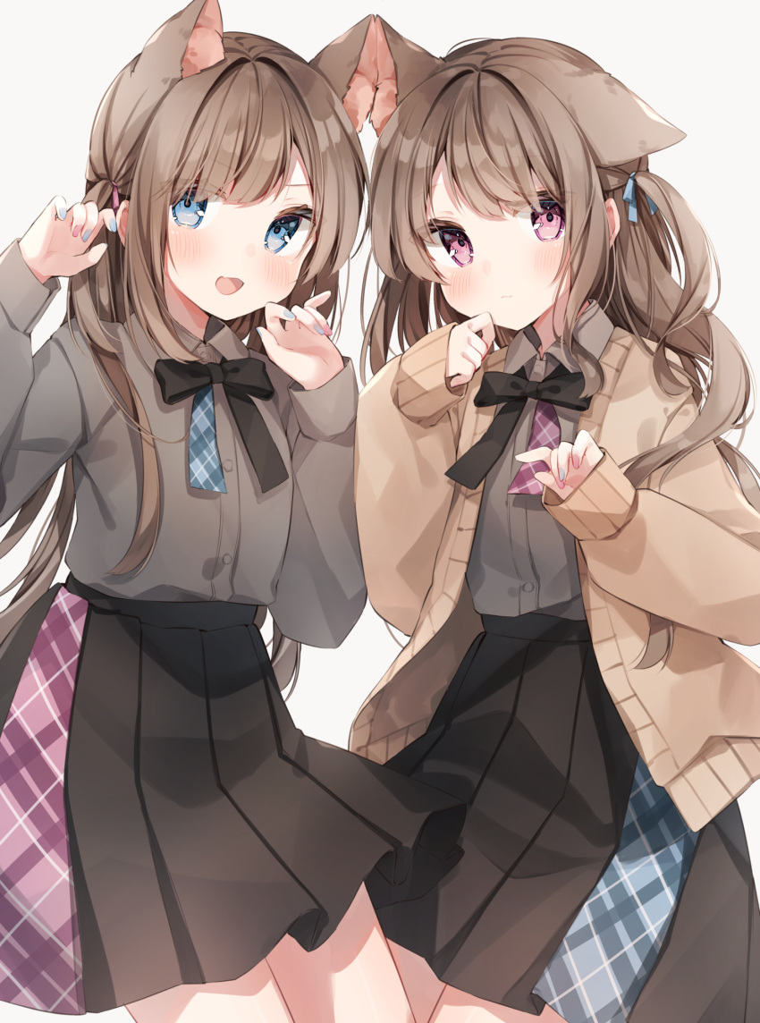 2girls, animal_ears, blush, bow, brown_hair, cardigan, cat_ears, heripiro