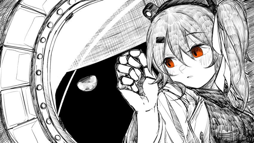 1girl, a.i._voice, adachi_rei, android, greyscale, hair_between_eyes, hair_ornament, hair_ribbon
