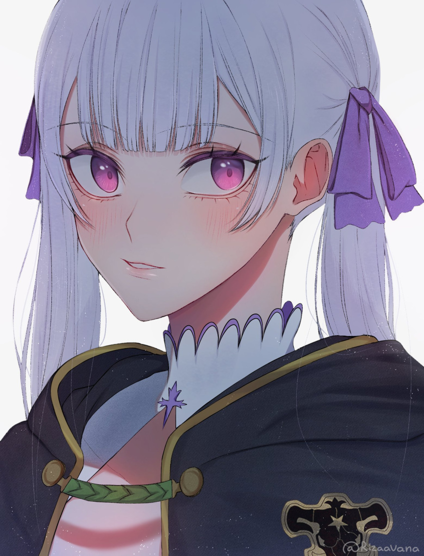 1girl, black_bulls_(emblem), black_capelet, black_clover, blush, capelet, grey_hair, hair_ribbon