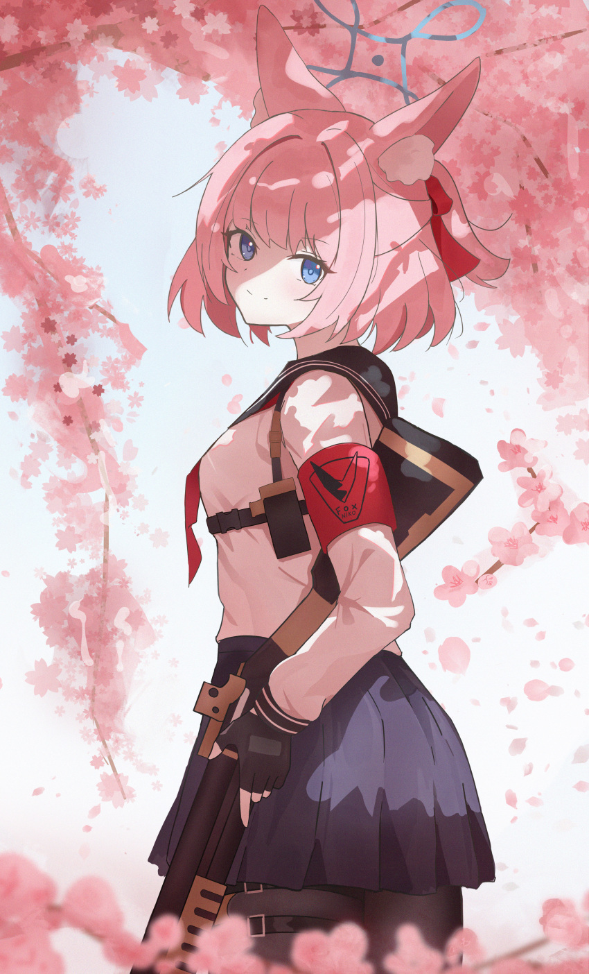 1girl, absurdres, animal_ears, armband, benelli_m3, black_gloves, black_pantyhose, black_skirt, blue_archive, blue_eyes, cherry_blossoms, fox_ears, gloves, gun, hair_between_eyes, halo, highres, holding, holding_gun, holding_weapon, holster, looking_at_viewer, medium_hair, necktie, niko_(blue_archive), pantyhose, pink_hair, pleated_skirt, red_necktie, ribbon, school_uniform, serafuku, shotgun, skirt, smile, solo, weapon, white_serafuku, zhoulao