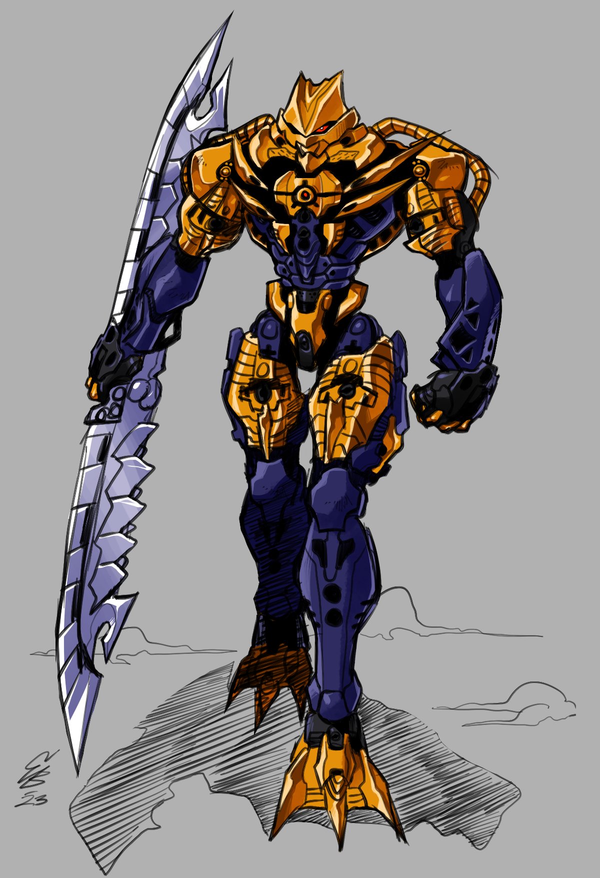 bionicle, brutaka_(bionicle), cable, clenched_hand, double-blade, ethandoesathing, grey_background, highres, humanoid_robot, no_humans, red_eyes, robot, shadow, solo, the_lego_group, walking