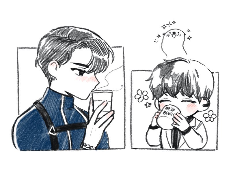 2boys, black_hair, blush, bodysuit, c0pat, closed_eyes, coffee_cup, commentary_request, cup, disposable_cup, drinking, english_text, eoduun_badaui_deungbul-i_doeeo, holding, holding_cup, korean_commentary, labcoat, long_sleeves, male_focus, multiple_boys, otter, park_moo-hyun, parted_bangs, shin_hae-ryang, short_hair, simple_background, steam, upper_body, wetsuit, white_background