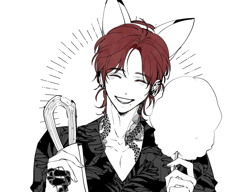 1boy, animal_ears, closed_eyes, commentary_request, cotton_candy, ear_piercing, earrings, eoduun_badaui_deungbul-i_doeeo