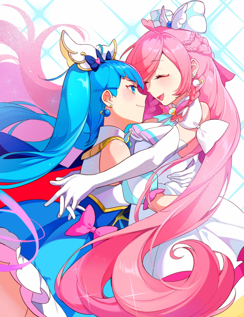 2girls, ahoge, bai_xin, blue_cape, blue_eyes, blue_hair, bow, braid