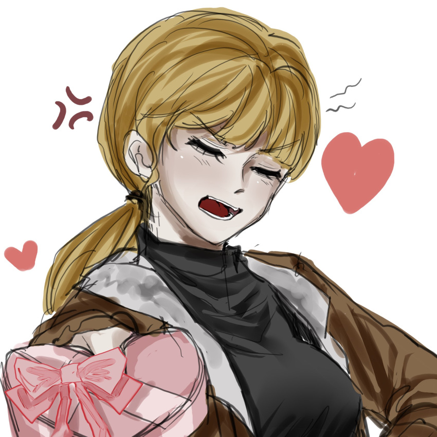 1girl, black_eyelashes, black_sweater, blonde_eyebrows, blonde_hair, breasts, brown_jacket, closed_eyes, embarrassed, eyebrows, eyebrows_visible_through_hair, eyelashes, fear_and_hunger, female, female_only, fur-trimmed_jacket, fur_trim, gift, heart, hearts, holding_gift, jacket, karin_(fear_and_hunger), long_hair, open_mouth, otogisum3, ponytail, red_heart, sweater, teeth, turtleneck, turtleneck_sweater, upper_body, valentine, white_fur