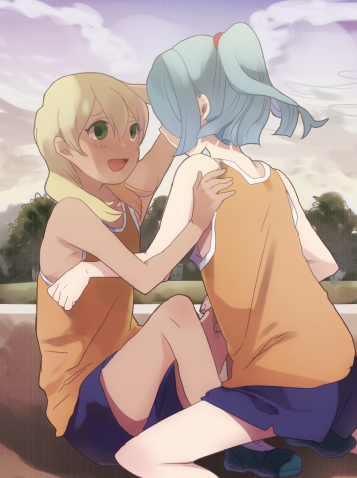 2boys, blonde_hair, blue_hair, inazuma_eleven, kazemaru_ichirouta, long_hair, miyasaka_ryou, shota, tan, track, trap