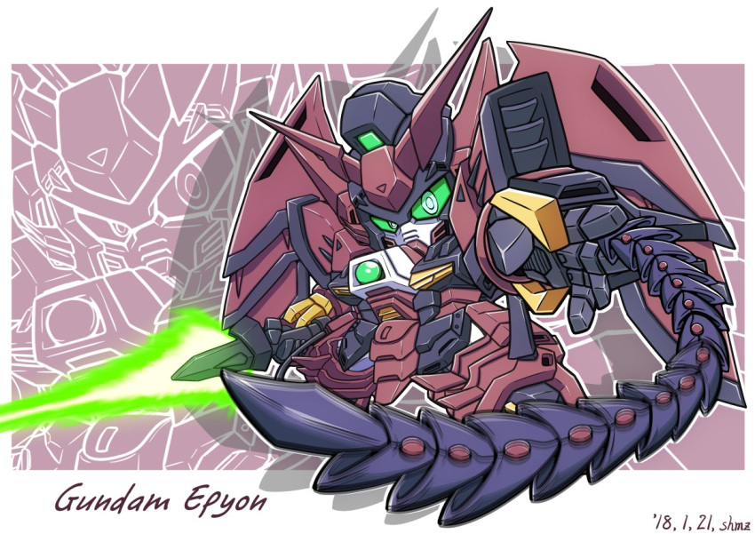 artist_name, beam_saber, character_name, dated, green_eyes, gundam, gundam_epyon, gundam_wing