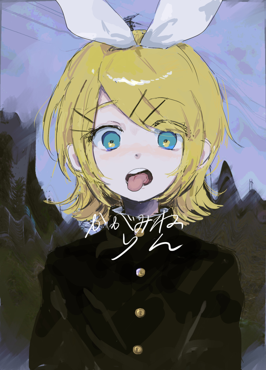 1girl, alternate_costume, blonde_hair, blue_eyes, bow, building, buttons, chain-link_fence