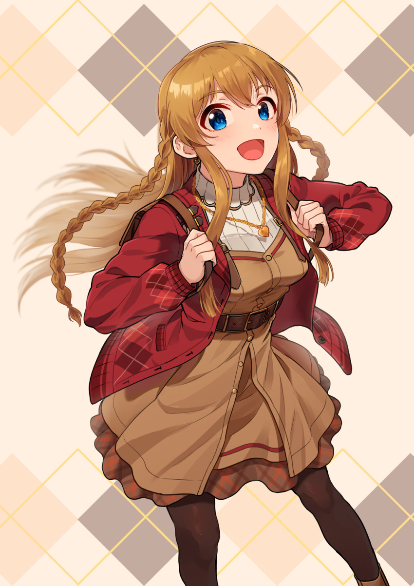 1girl, argyle, argyle_background, argyle_cardigan, backpack, bag, belt, black_belt