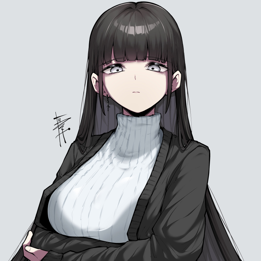 1girl, absurdres, arms_under_breasts, black_hair, black_jacket, blunt_bangs, breasts, closed_mouth, crossed_arms, earrings, epeulu_(ate5424), grey_background, grey_eyes, highres, jacket, jewelry, large_breasts, long_hair, long_sleeves, looking_at_viewer, original, ribbed_sweater, signature, simple_background, solo, sweater, turtleneck, turtleneck_sweater, upper_body, white_sweater