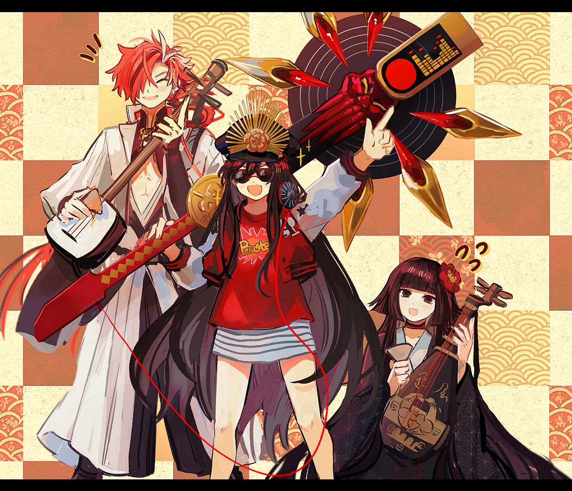 1boy, 2girls, black_hair, buster_shirt, checkered_background, fate/grand_order, fate_(series), flower, hair_flower, hair_ornament, hair_over_one_eye, hat, headphones, headphones_around_neck, instrument, japanese_clothes, kimono, komahime_(fate), long_hair, military_hat, multiple_girls, oda_nobunaga_(fate), oda_nobunaga_(swimsuit_berserker)_(fate), oda_nobunaga_(swimsuit_berserker)_(first_ascension)_(fate), orizu_lm, over_shoulder, plectrum, pointing, pointing_up, redhead, shamisen, sunglasses, takasugi_shinsaku_(fate), weapon, weapon_over_shoulder, wide_sleeves
