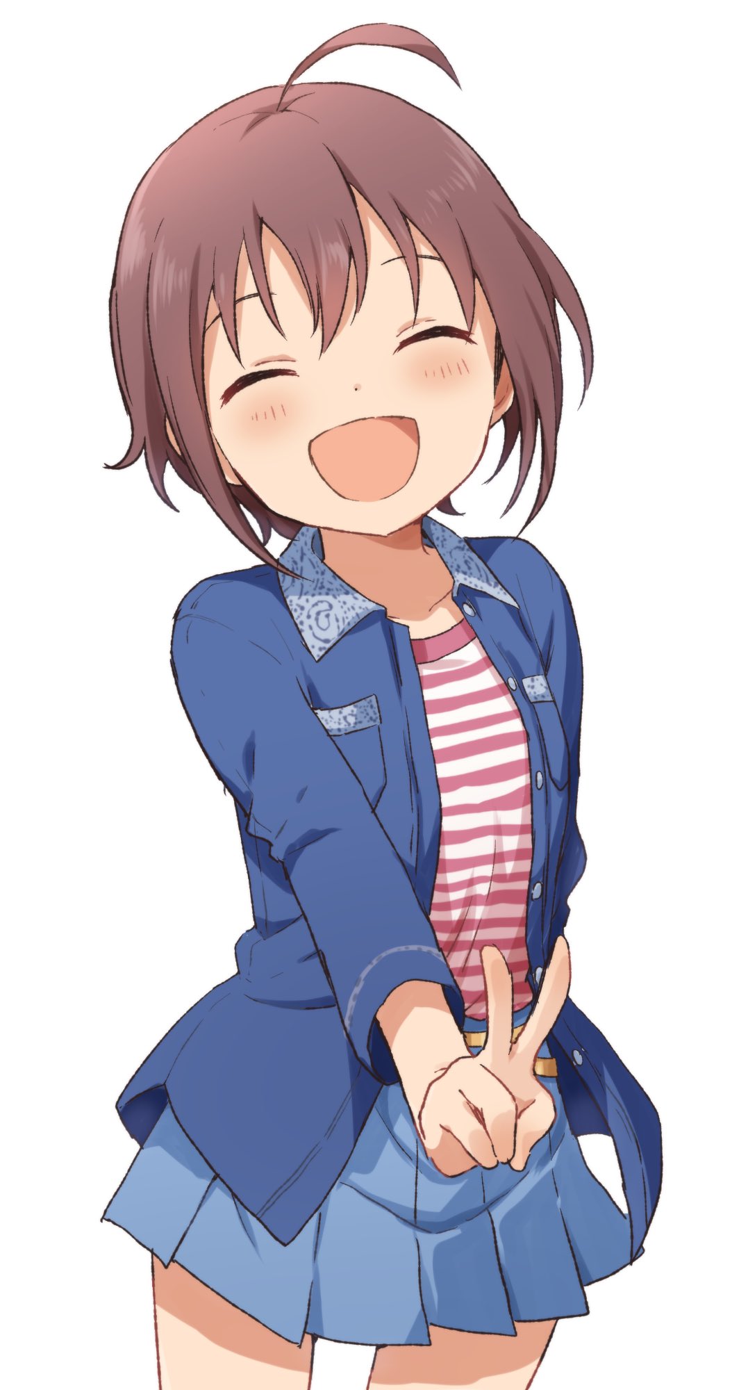 1girl, ^_^, ahoge, arm_behind_back, blue_jacket, blue_skirt, blush, brown_hair