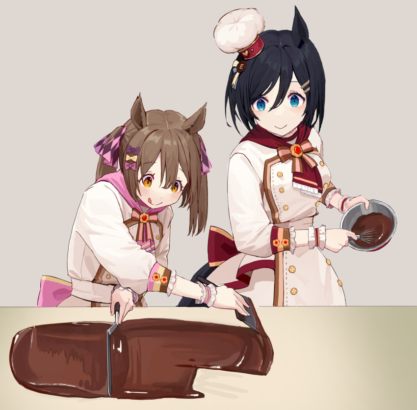 2girls, animal_ears, aqua_eyes, bow, bowl, bowtie, breasts, brown_hair, buttons, chef_hat, chocolate, chocolate_making, closed_mouth, double-breasted, eishin_flash_(collect_chocolatier)_(umamusume), eishin_flash_(umamusume), hair_ornament, hairclip, hat, highres, holding, holding_spatula, holding_whisk, horse_ears, horse_girl, horse_tail, jacket, kogomiza, long_sleeves, medium_hair, mini_hat, multiple_girls, orange_eyes, short_hair, small_breasts, smart_falcon_(umamusume), smile, spatula, standing, table, tail, tongue, tongue_out, twintails, umamusume, whisk, white_jacket, wrist_cuffs