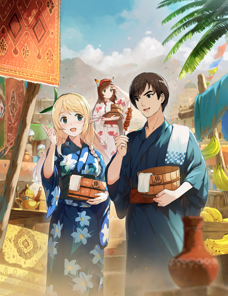 2girls, 3boys, animal_ears, banana, blonde_hair, blue_eyes, blurry, blush