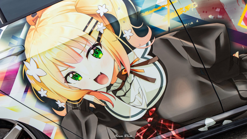 1girl, black_cardigan, black_skirt, blush, car, cardigan, fang, flower