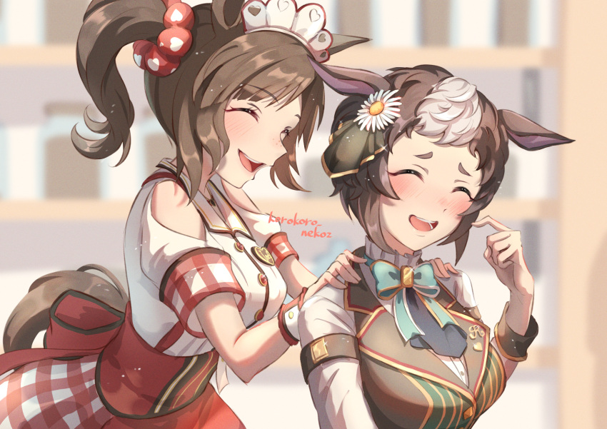 2girls, animal_ears, apron, blush, bow, bowtie, breasts, brown_hair