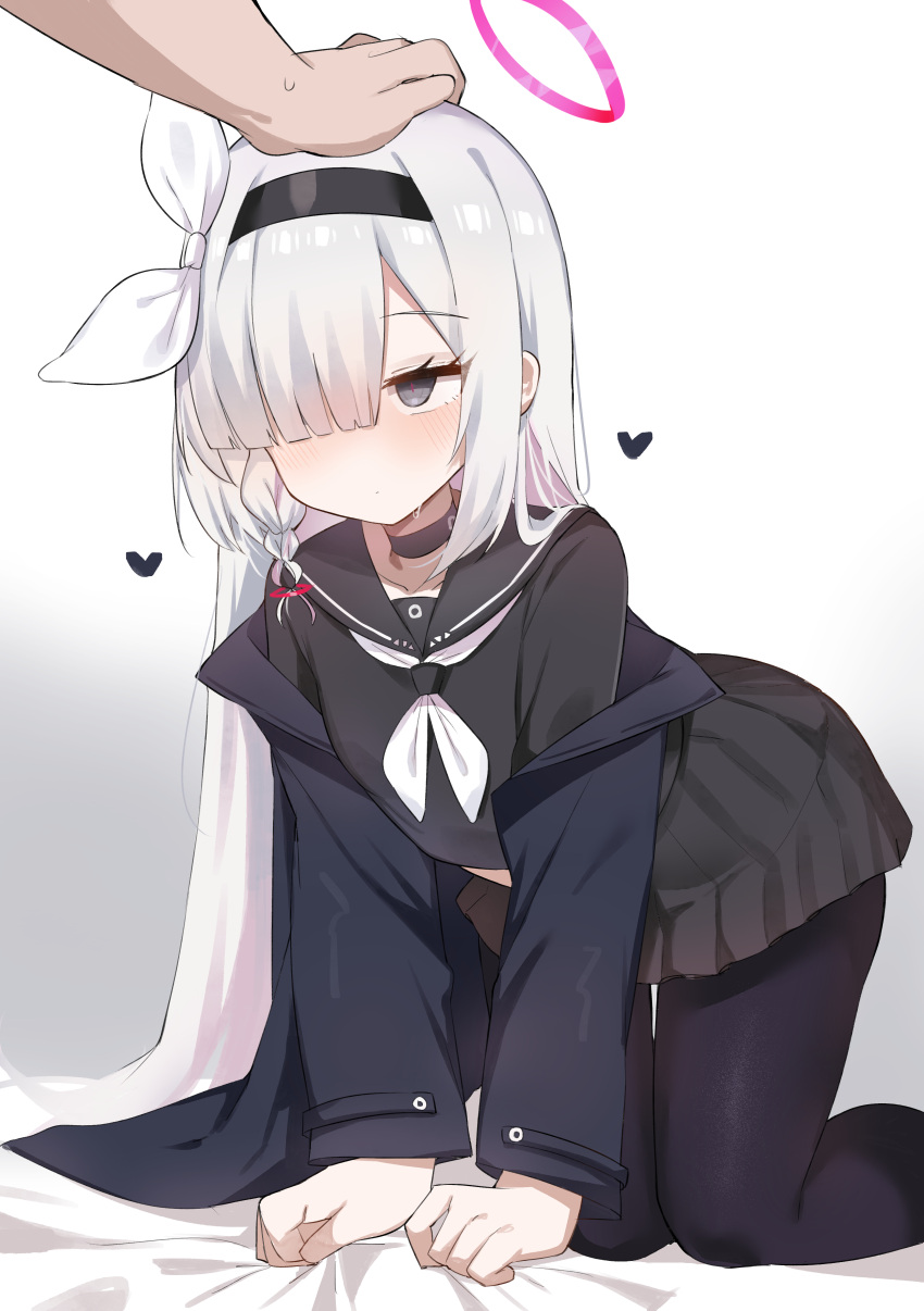 1boy, 1girl, a.r.o.n.a_(blue_archive), absurdres, all_fours, black_coat, black_eyes, black_hairband, black_pantyhose, black_serafuku, black_skirt, blue_archive, blush, braid, clenched_hand, coat, colored_inner_hair, commentary_request, doldol_(rkwowlqrp), dot_mouth, feet_out_of_frame, gradient_background, grey_background, hair_over_one_eye, hairband, halo, headpat, heart, highres, korean_commentary, long_hair, long_sleeves, looking_at_another, mixed-language_commentary, multicolored_hair, neckerchief, one_eye_covered, out_of_frame, pantyhose, partial_commentary, pink_hair, pink_halo, pleated_skirt, red_pupils, ribbon, sailor_collar, sailor_shirt, school_uniform, sensei_(blue_archive), serafuku, shirt, sidelocks, simple_background, single_braid, skirt, solo_focus, two-tone_hair, white_background, white_hair, white_neckerchief, white_ribbon