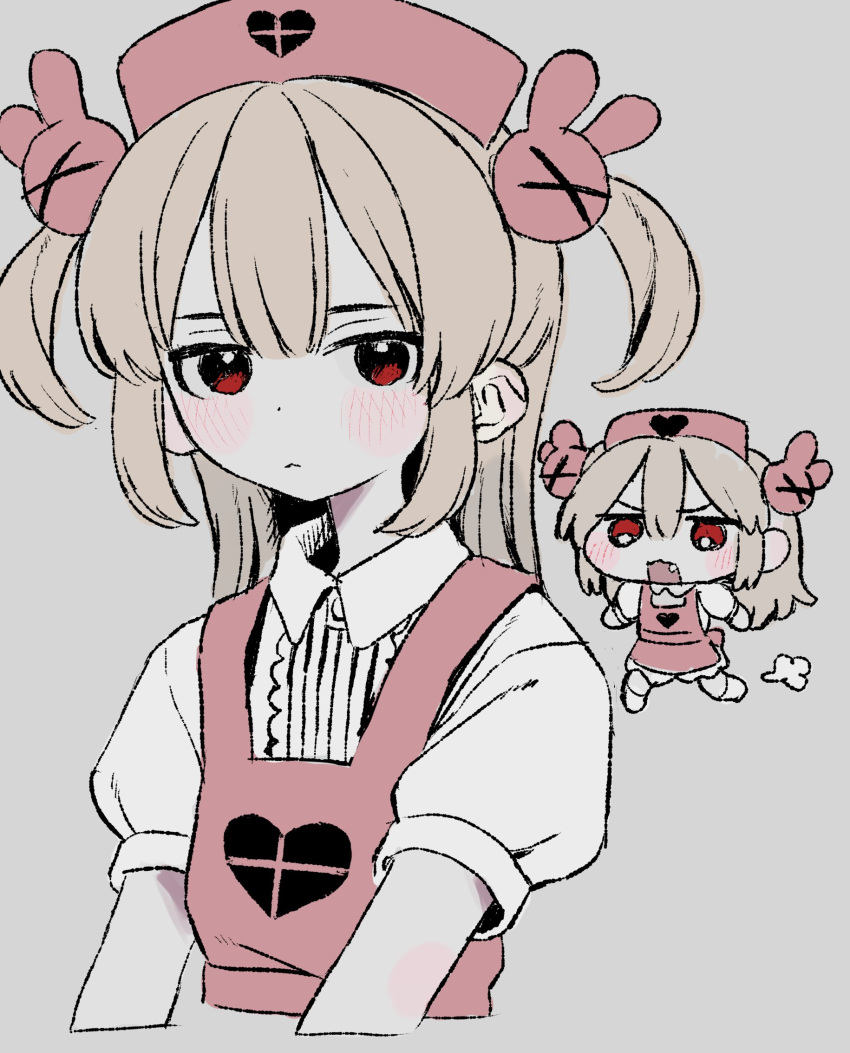1girl, apron, blush, center_frills, chibi, chibi_inset, cropped_torso, dot_nose