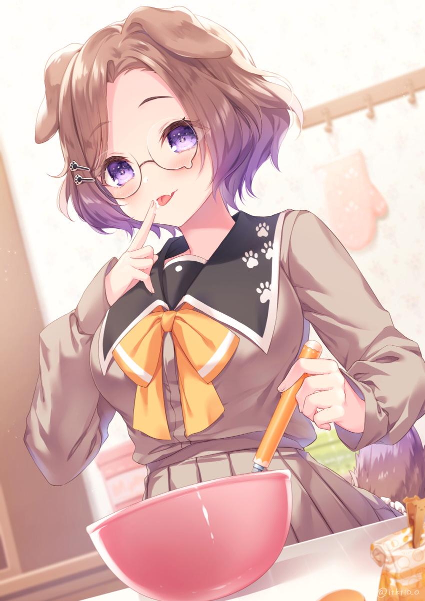 1girl, animal_ears, blurry, blurry_background, blush, bowl, breasts, brown_hair