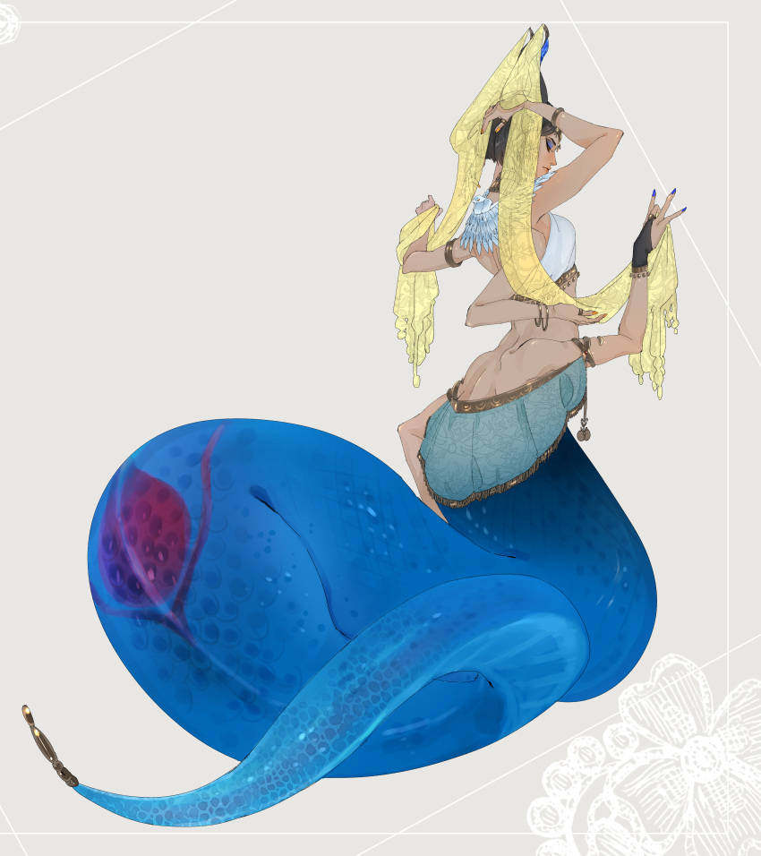 1girl, absurdres, animal_ears, arabian_clothes, armlet, bangle, black_hair, blue_nails