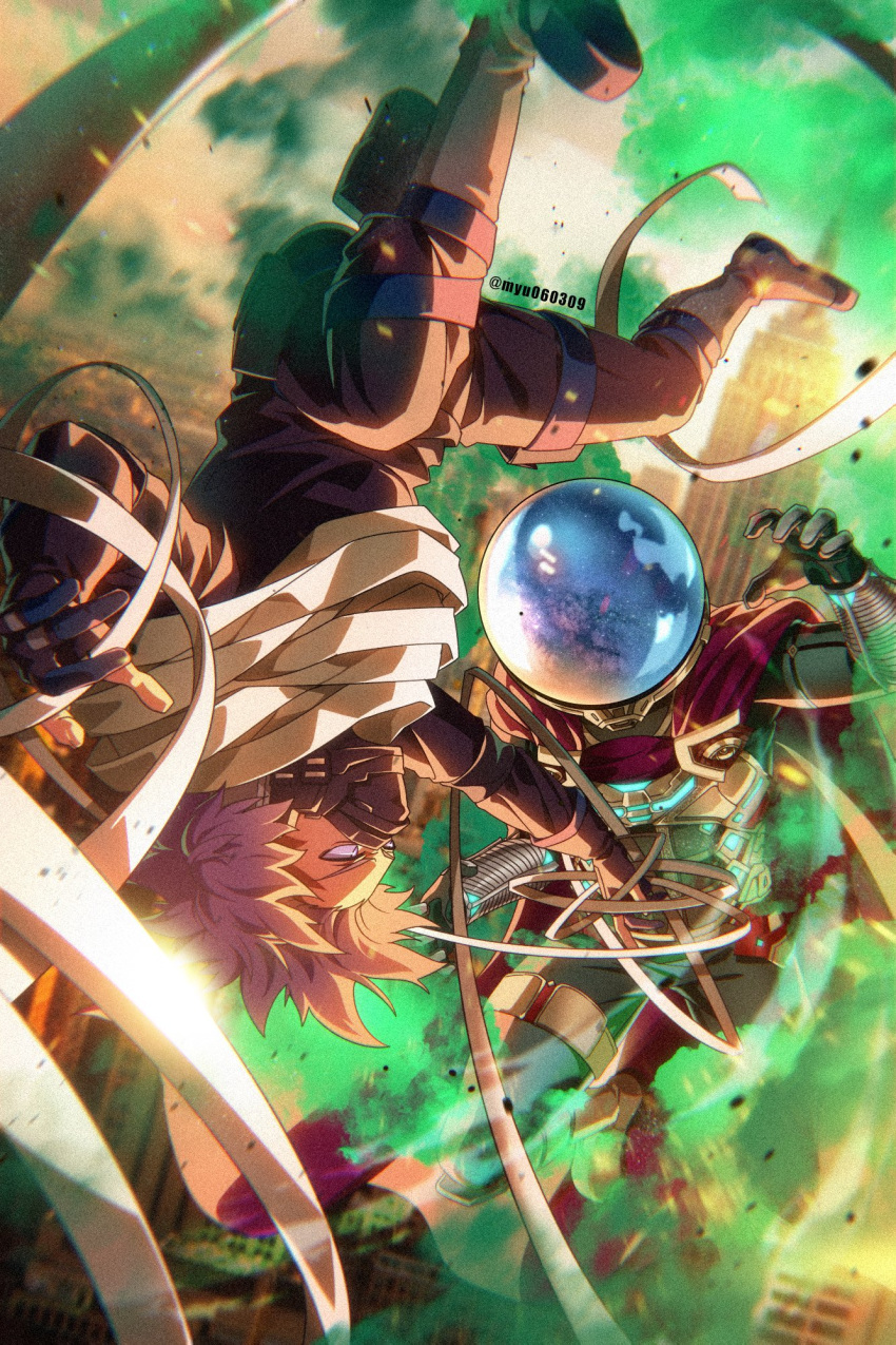 2boys, aircraft, ankle_boots, armor, black_gloves, black_pants, black_shirt, bloom