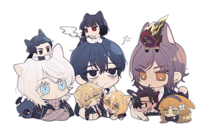 1other, 4boys, 5girls, :<, animal_ears, black_eyes, black_hair, black_jacket, black_vest, blonde_hair, blue_eyes, brown_eyes, brown_hair, brown_hairband, brown_sweater, cat_boy, cat_ears, cat_girl, chibi, clock, closed_mouth, collared_shirt, commentary_request, crossed_arms, cup, dante_(limbus_company), dog_boy, dog_ears, dog_girl, don_quixote_(limbus_company), earclip, fang, faust_(limbus_company), green_eyes, hair_between_eyes, hair_ribbon, hairband, heathcliff_(limbus_company), holding, holding_cup, ishmael_(limbus_company), jacket, kemonomimi_mode, korean_commentary, limbus_company, lm_(lc_goodgame), long_hair, long_sleeves, medium_hair, meursault_(limbus_company), miniboy, minigirl, multiple_boys, multiple_girls, necktie, no_nose, object_head, open_clothes, open_jacket, open_mouth, orange_eyes, orange_hair, outis_(limbus_company), project_moon, purple_hair, rabbit_boy, rabbit_ears, red_eyes, red_necktie, ribbed_sweater, ribbon, ryoshu_(limbus_company), shirt, short_hair, simple_background, sinclair_(limbus_company), smile, smoking, sweater, turtleneck, turtleneck_sweater, vest, white_background, white_hair, white_ribbon, white_shirt, yi-sang_(limbus_company)