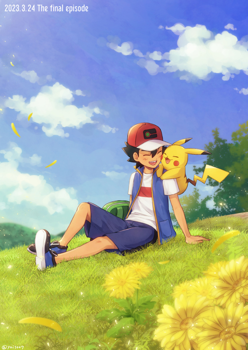 1boy, :d, absurdres, arm_support, ash_ketchum, backpack, backpack_removed, bag