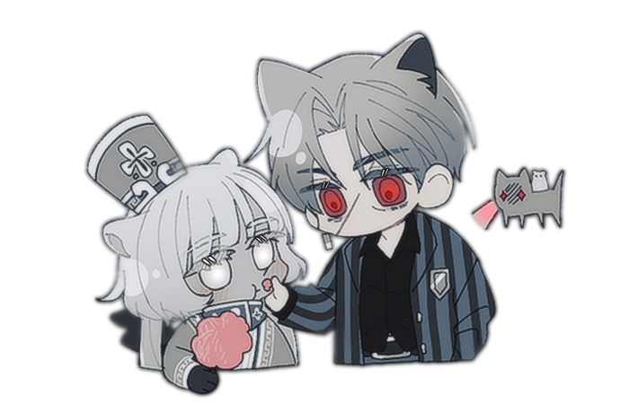 1boy, 1girl, animal_ears, animalization, black_gloves, black_shirt, blue_shirt, cat, cat_boy, cat_ears, cat_girl, charon_(limbus_company), chewing, chibi, closed_mouth, collared_shirt, colored_skin, commentary_request, cotton_candy, earrings, food, gloves, grey_hair, grey_jacket, grey_skin, hat, holding, holding_food, jacket, jewelry, kemonomimi_mode, korean_commentary, limbus_company, lm_(lc_goodgame), long_hair, long_sleeves, no_mouth, no_nose, open_clothes, open_shirt, parted_bangs, project_moon, red_eyes, shirt, short_hair, simple_background, single_earring, striped, striped_shirt, vergilius_(project_moon), vertical-striped_shirt, vertical_stripes, white_background, white_eyes