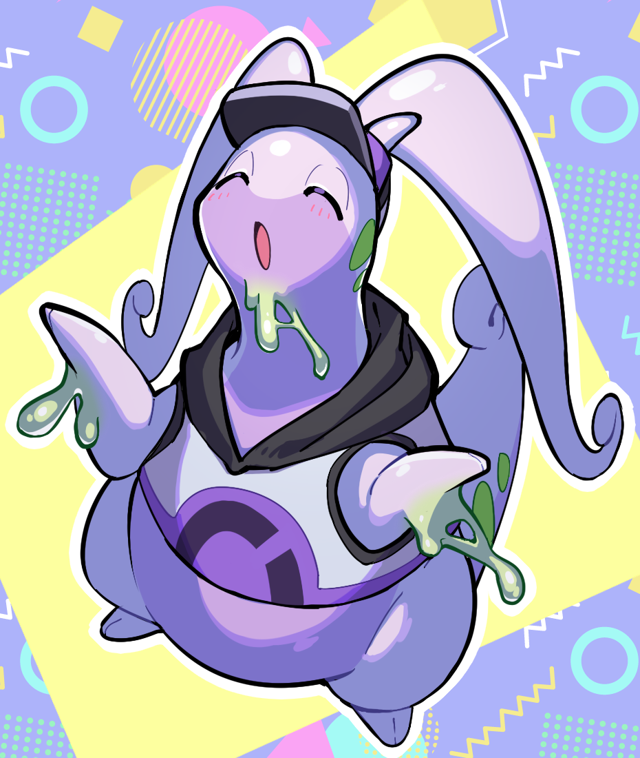:o, blush, closed_eyes, clothed_pokemon, commentary_request, full_body, goodra, head_back, hood, hooded_vest, hoodie, miyoshi_(miyoshi_sikb), no_humans, open_mouth, outline, pokemon, pokemon_(creature), slime_(substance), solo, vest