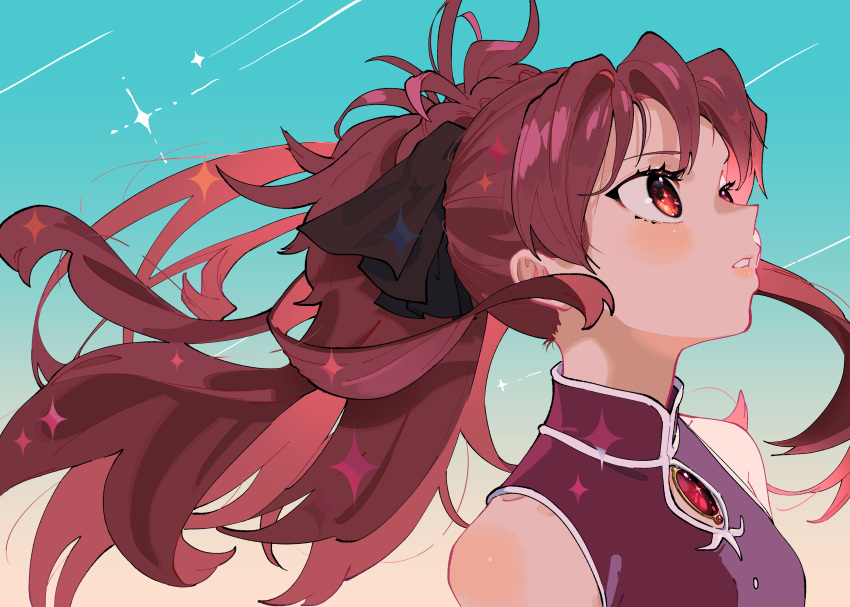 1girl, absurdres, bare_shoulders, black_ribbon, hair_ribbon, highres, long_hair, magical_girl