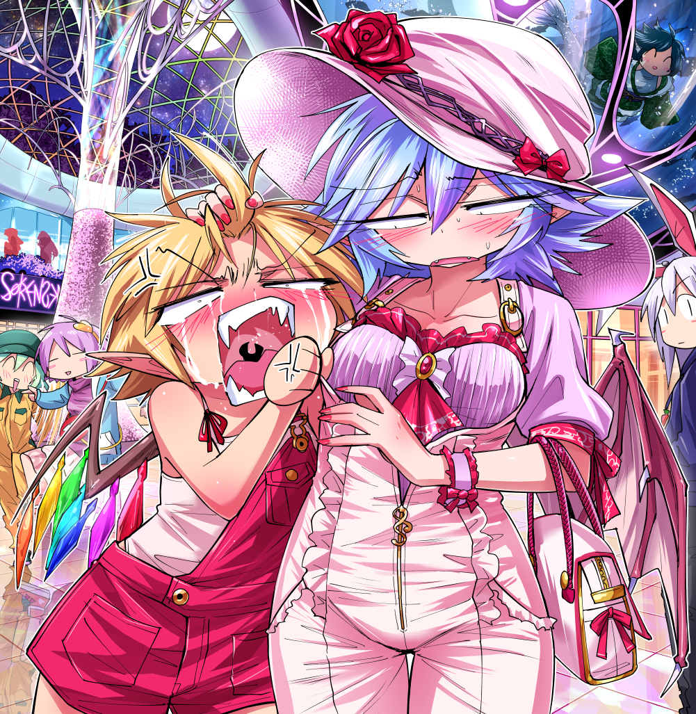 6+girls, adapted_costume, anger_vein, angry, animal_ears, bag, blonde_hair, blue_hair