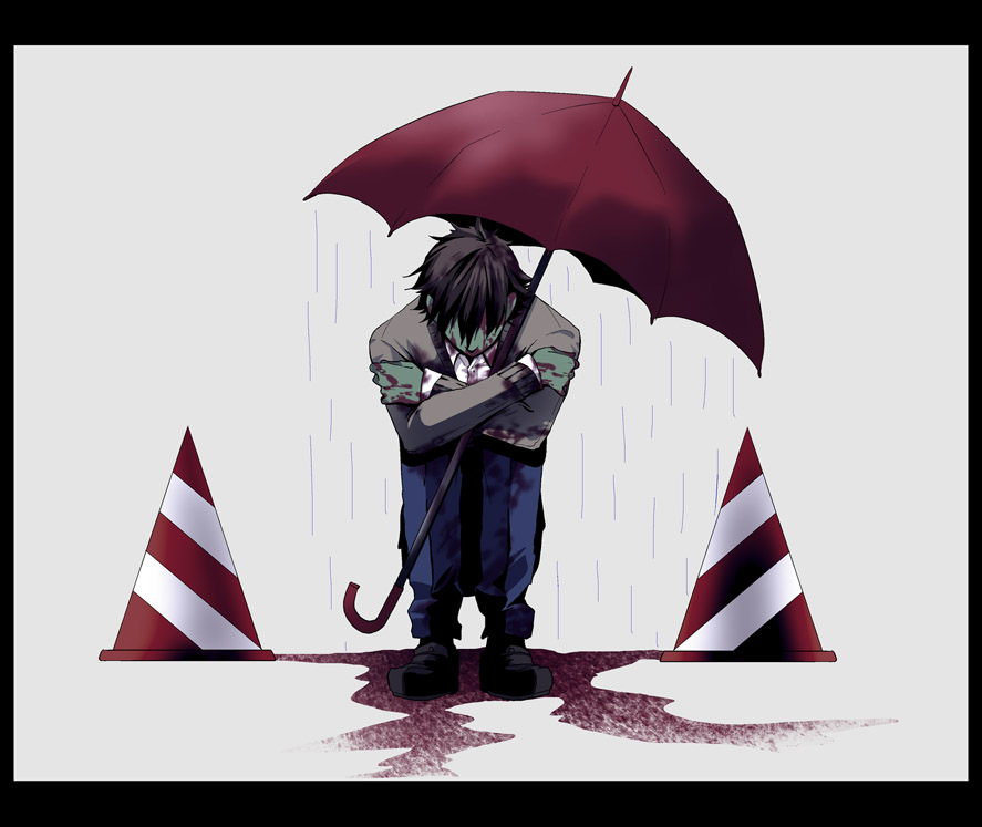 blood, green_skin, jinnai, rain, shitaisan, traffic_cone, umbrella, yume_nikki