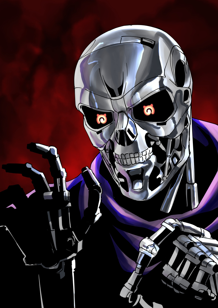 absurdres, byackopath_(artist), commentary_request, cosplay, highres, jaguarman_series, japari_symbol, kemono_friends, looking_at_viewer, purple_robe, red_background, robe, robot, skull_servant, skull_servant_(cosplay), solo, symbol-shaped_pupils, t-800, terminator_(series), the_terminator, upper_body, yu-gi-oh!