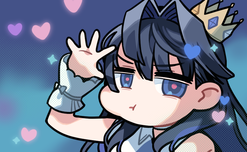 1girl, :t, alternate_costume, arm_up, bare_shoulders, clipe, crown, heart