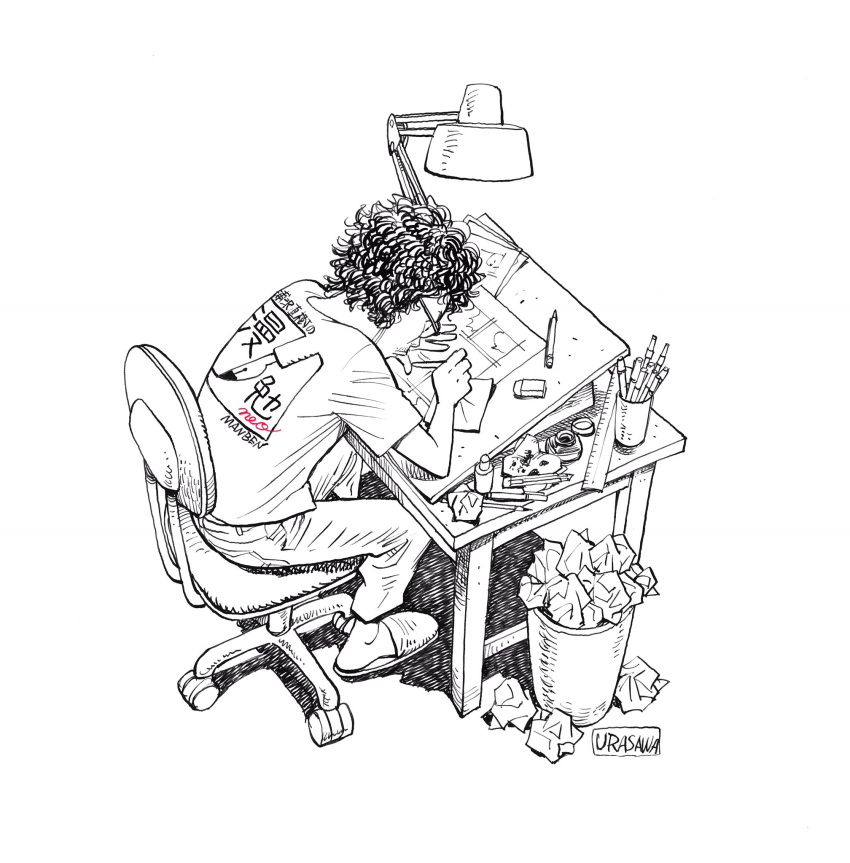 1boy, artist_name, chair, commentary_request, crumpled_paper, curly_hair, drawing, eraser