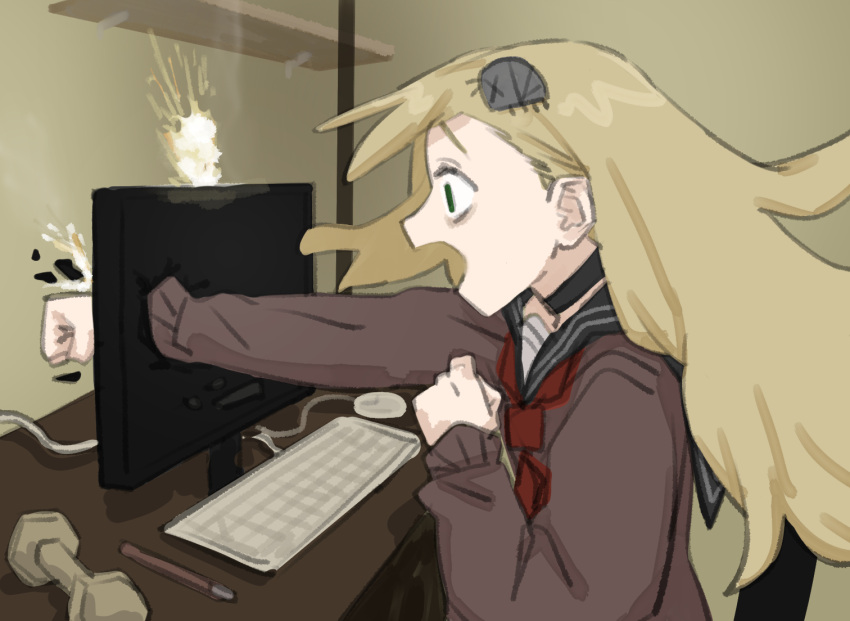 1girl, asymmetrical_bangs, at_computer, barbell, black_choker, black_sailor_collar, blonde_hair, breaking, brown_shirt, choker, clenched_hands, derivative_work, desk, floating_hair, from_side, green_eyes, indoors, insect_hair_ornament, keyboard_(computer), long_hair, long_sleeves, matangom, matangomu-chan, mouse_(computer), neckerchief, open_mouth, original, parody, photo-referenced, pillbug, profile, punching, raised_eyebrows, red_neckerchief, sailor_collar, saturday_night_live, scared, school_uniform, serafuku, shirt, sitting, solo, sparks, upper_body, x_x