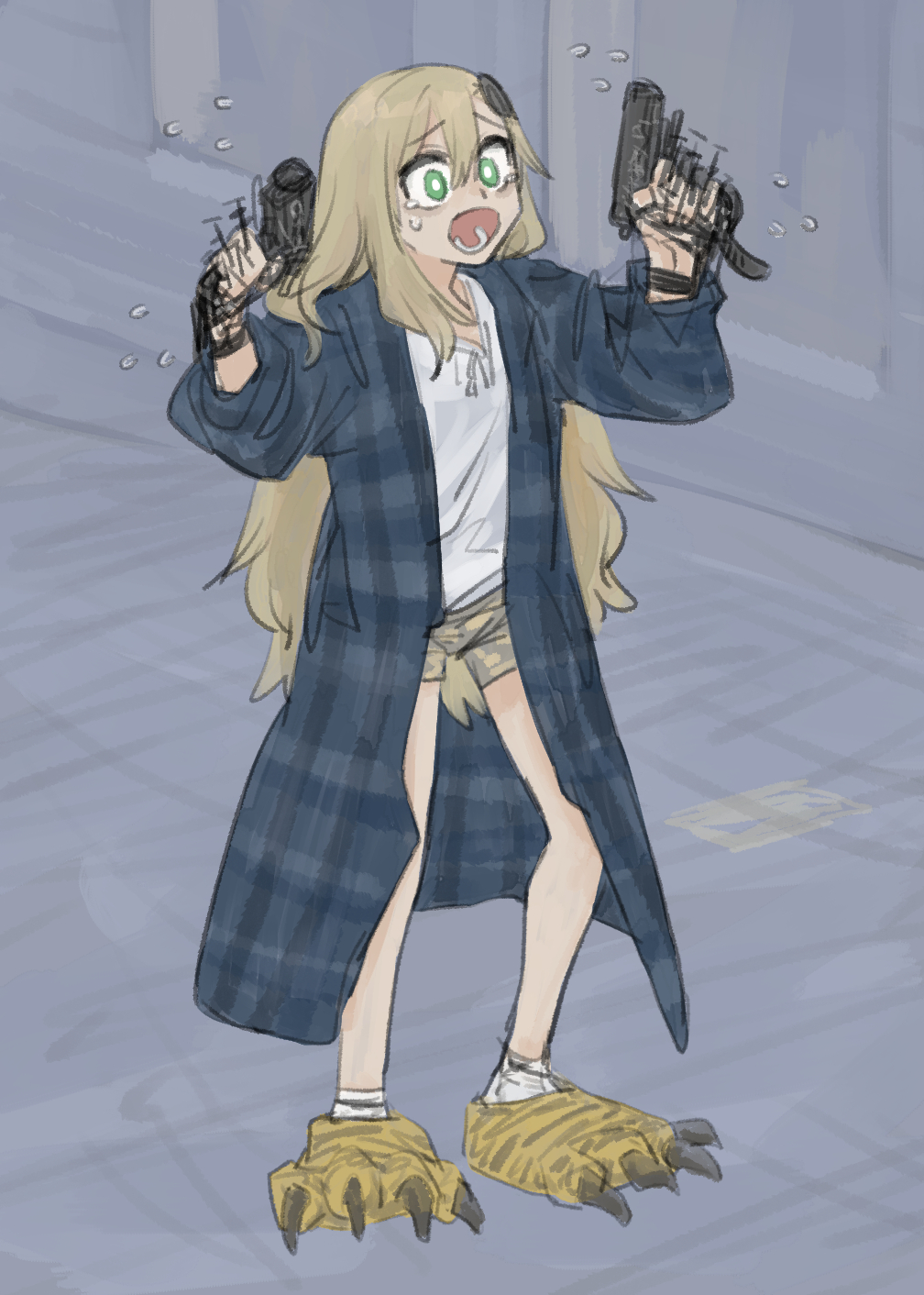 1girl, alternate_costume, animal_slippers, asymmetrical_bangs, bathrobe, blonde_hair, boxers, bright_pupils