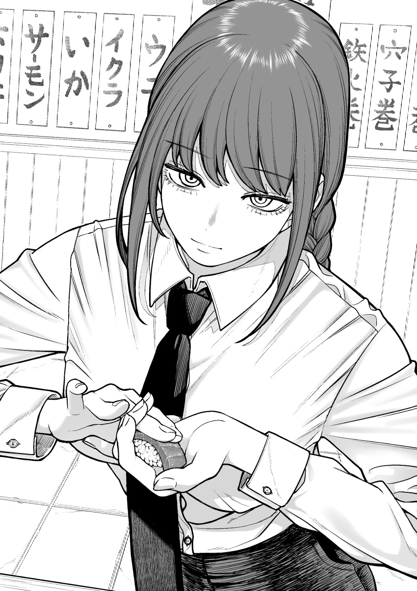 1girl, absurdres, braid, braided_ponytail, chainsaw_man, food, formal, greyscale, highres, holding, holding_food, kanazawa_shinnosuke, light_smile, looking_at_viewer, makima_(chainsaw_man), monochrome, necktie, restaurant, ringed_eyes, solo, sushi