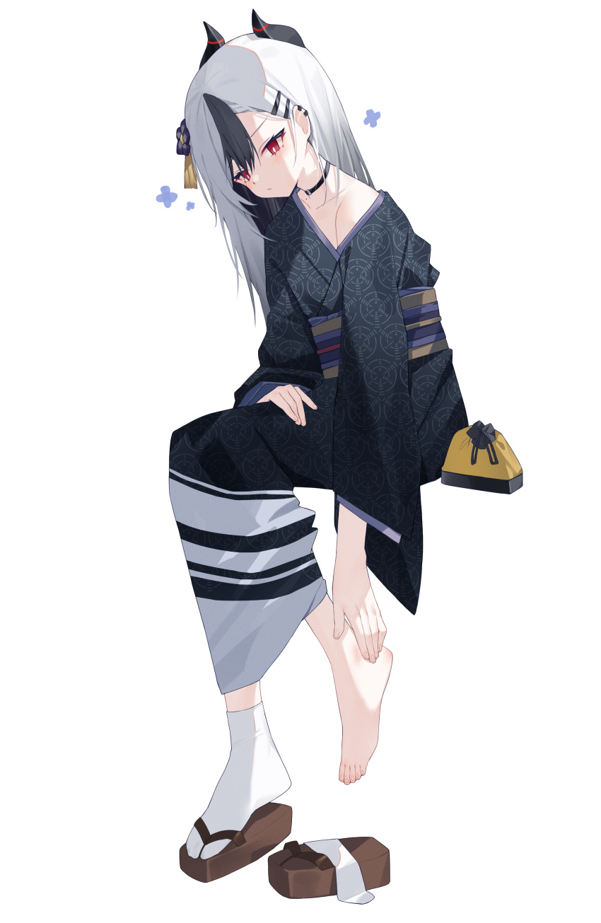 1girl, absurdres, bare_shoulders, barefoot, black_hair, blue_archive, choker, full_body