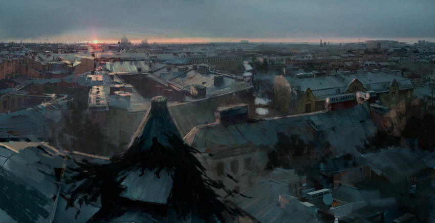 absurdres, alley, autumn, building, chimney, city, cityscape, cold, highres, house, industrial, morning, no_humans, original, outdoors, power_lines, rooftop, scenery, sky, smoke_trail, sunrise, urban, vulpes-ibculta, wide_shot, window