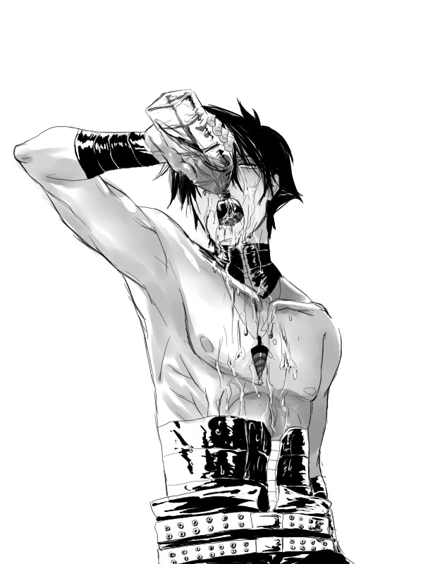 belt, bottle, choker, corset, drinking, lolalol, male, manly, monochrome, muscle, open_mouth, sexually_suggestive, shirtless, simon, solo, tengen_toppa_gurren_lagann, water, wet