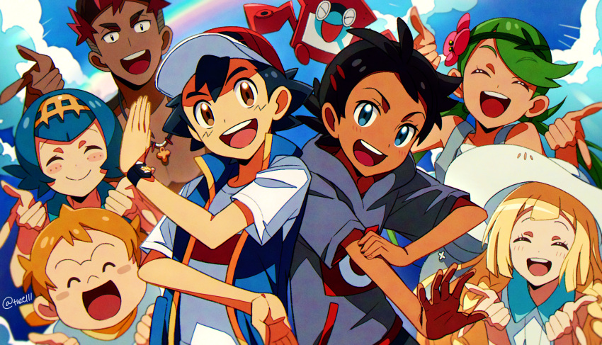 3girls, 4boys, :d, ash_ketchum, black_hair, blonde_hair, blue_eyes, blue_hair