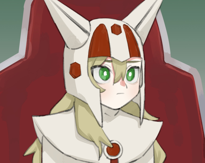 1girl, blonde_hair, bright_pupils, closed_mouth, cosplay, derivative_work, fake_horns, furrowed_brow