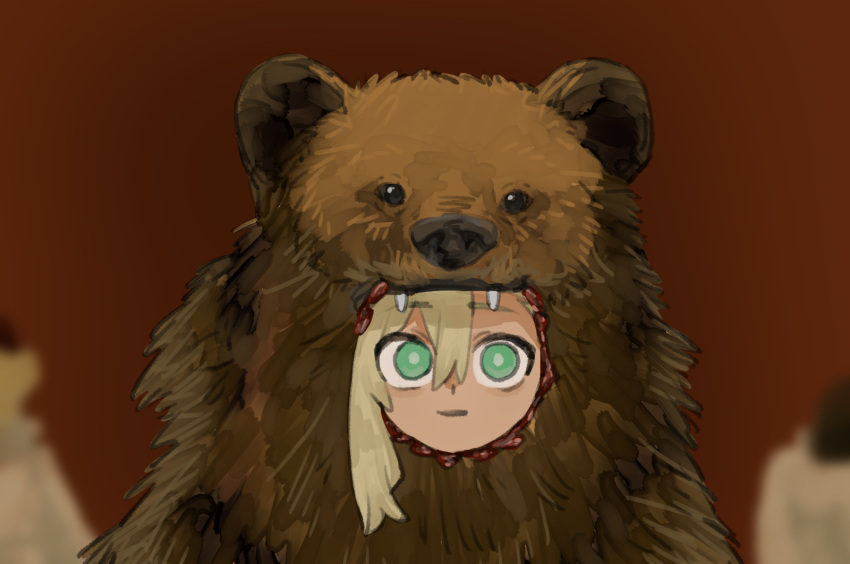 1girl, 2others, alternate_costume, animal_costume, bear_costume, bear_pelt, blonde_hair, blurry