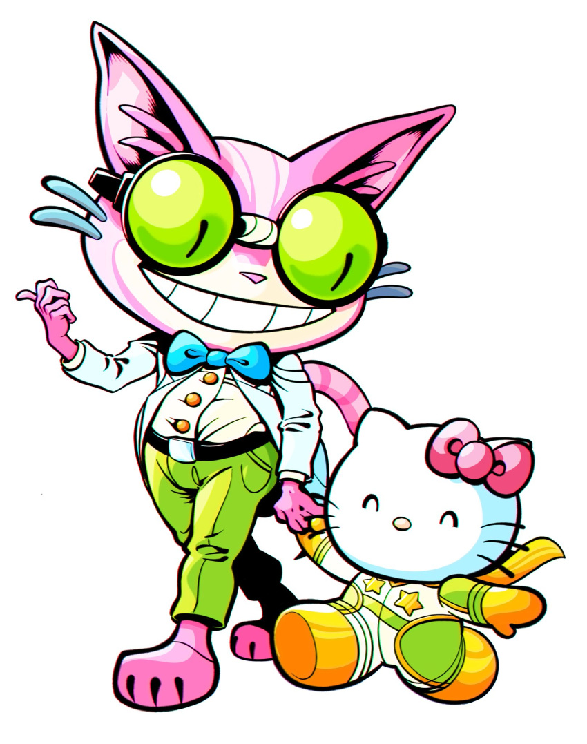 1boy, 1girl, ^_^, belt, black_belt, bow, buttons, closed_eyes, coat, commission, crossover, demodanza, full_body, furry, furry_female, furry_male, goggles, green-tinted_eyewear, green_pants, grin, hello_kitty, hello_kitty_(character), highres, holding_hands, labcoat, looking_at_another, pants, pink_bow, professor_genki, saints_row, second-party_source, shirt, shirt_tucked_in, simple_background, slit_pupils, smile, tinted_eyewear, white_background, white_coat, white_shirt
