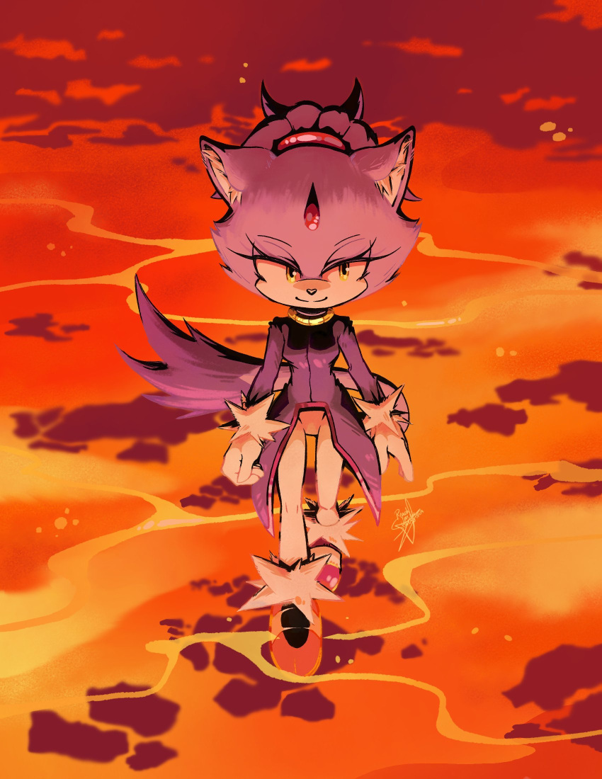1girl, blaze_the_cat, forehead_jewel, gloves, green_eyes, highres, jacket, looking_at_viewer