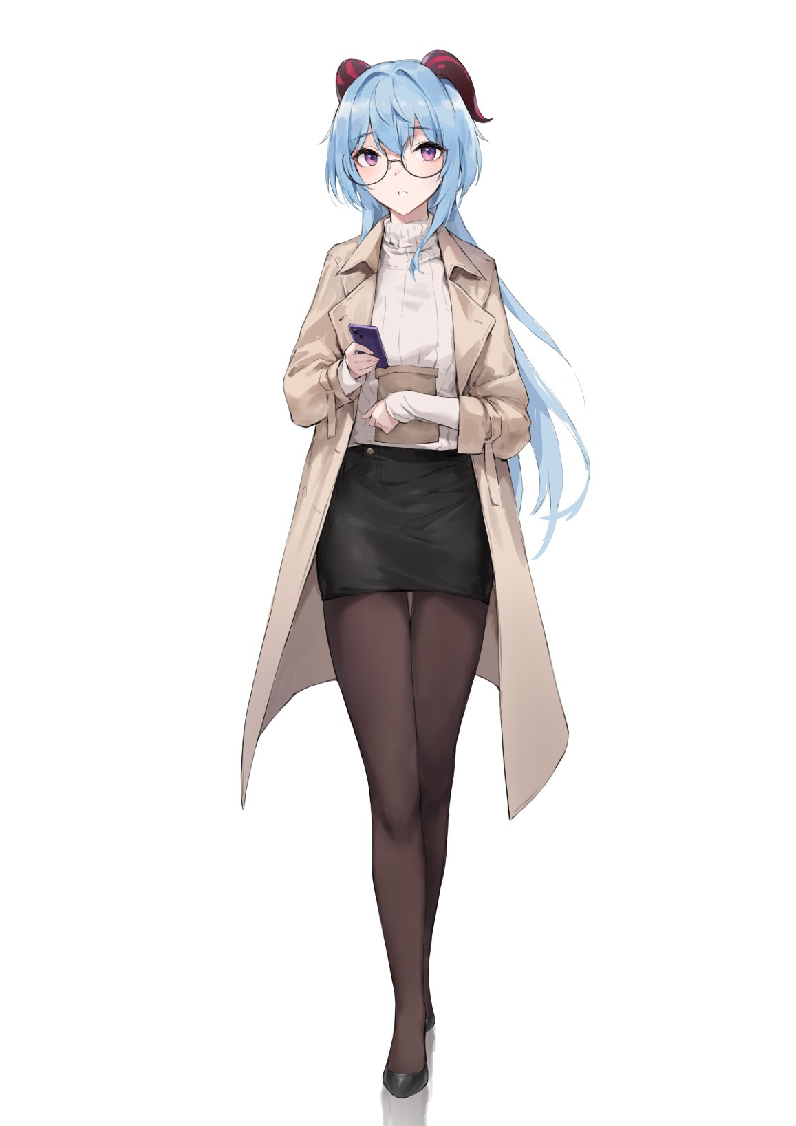 1girl, ahoge, black_pantyhose, black_skirt, blue_hair, bow, brown_coat, coat