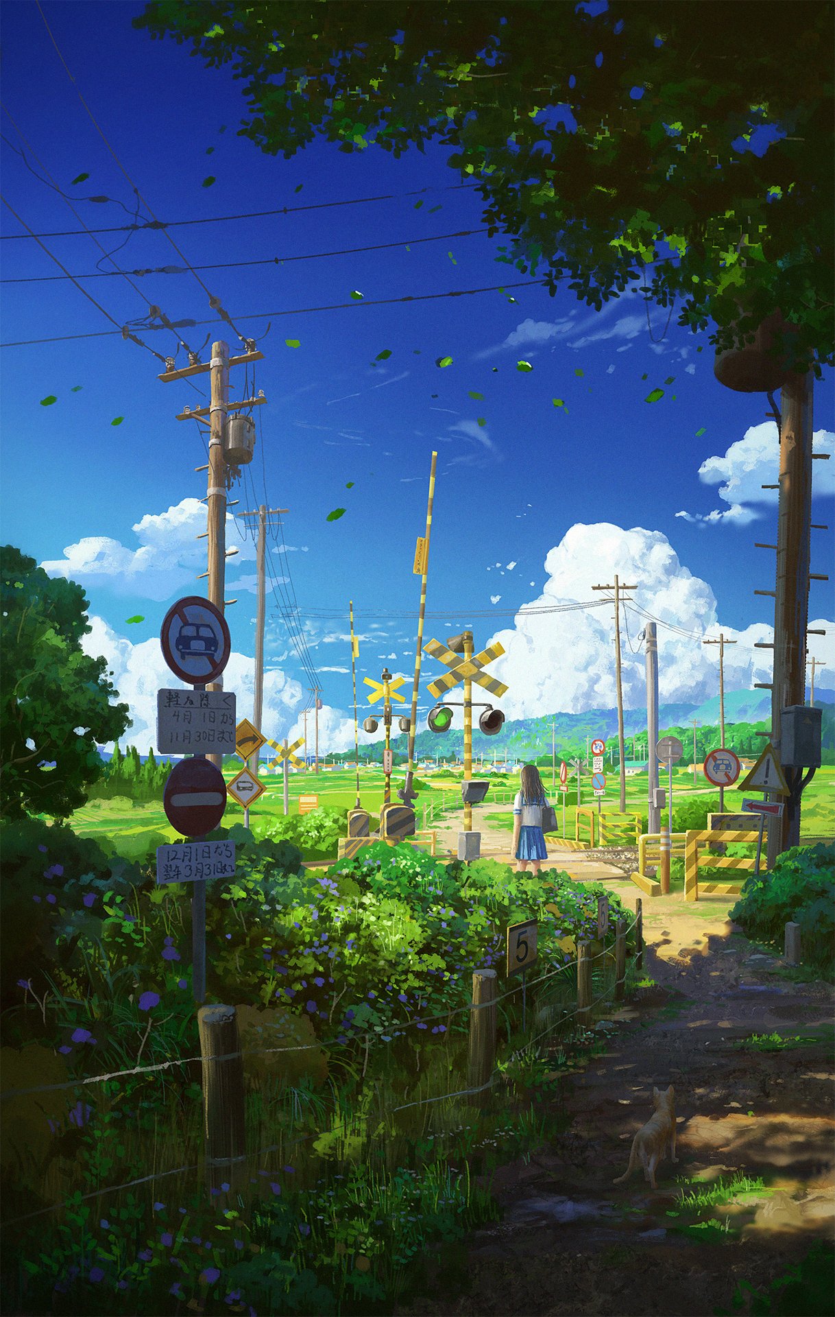 1girl, arrow_(symbol), bag, black_bag, black_hair, blue_sailor_collar, blue_skirt, blue_sky