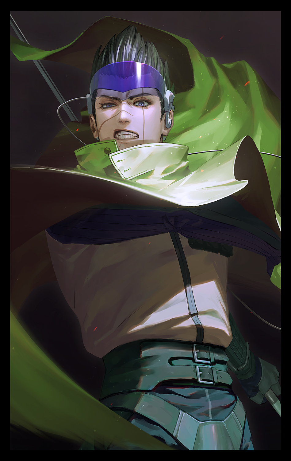1boy, belt, black_hair, black_pants, blue_eyes, clenched_teeth, cloak, daleth_(shin_megami_tensei_ii)