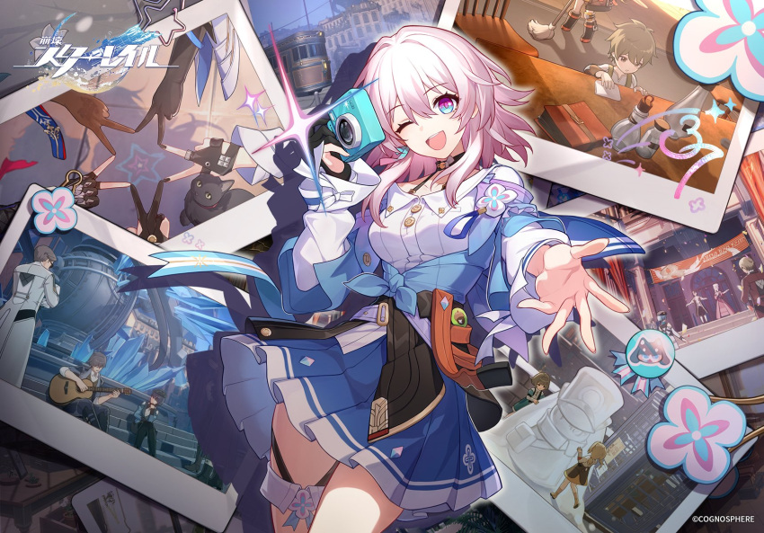 @_(symbol), animal, belt, black_choker, blue_skirt, breasts, bronya_rand, camera